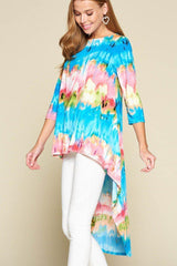Tie-dye Venechia High Low Fashion Top With 3/4 Sleeves | Mixtshop LLC