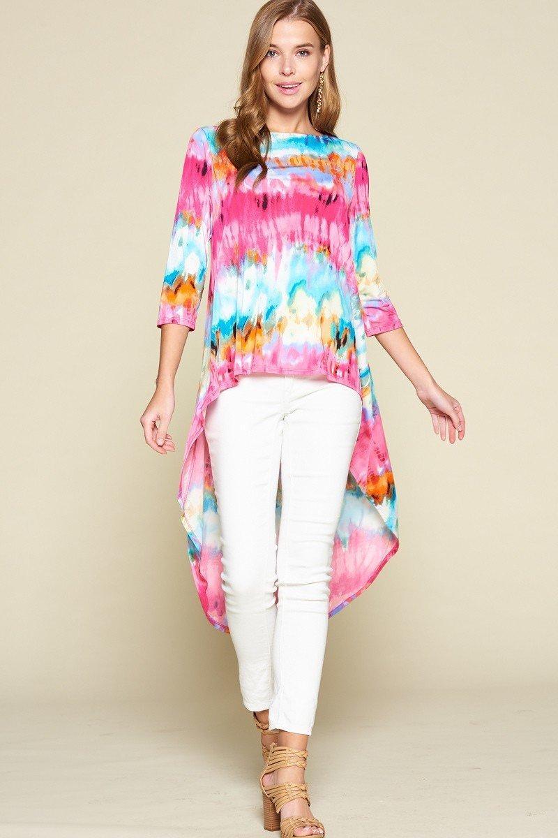 Tie-dye Venechia High Low Fashion Top With 3/4 Sleeves | Mixtshop LLC
