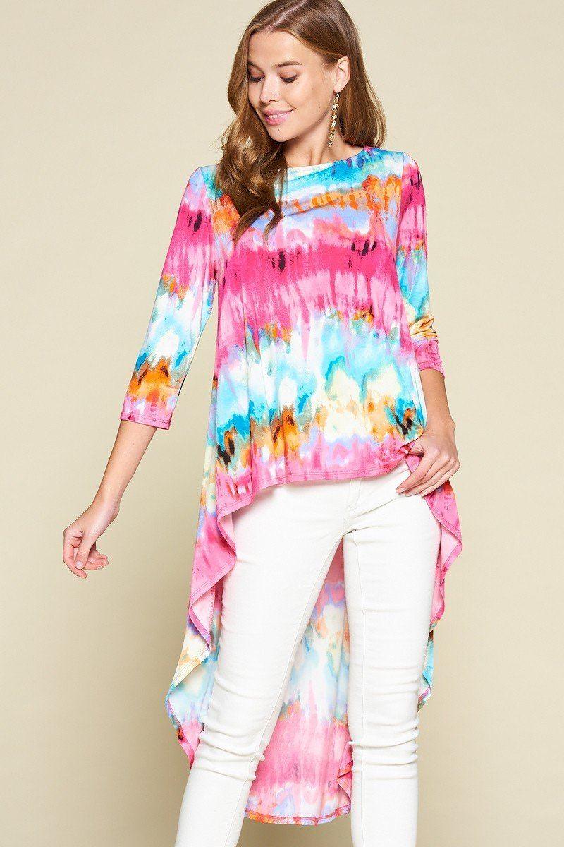 Tie-dye Venechia High Low Fashion Top With 3/4 Sleeves | Mixtshop LLC