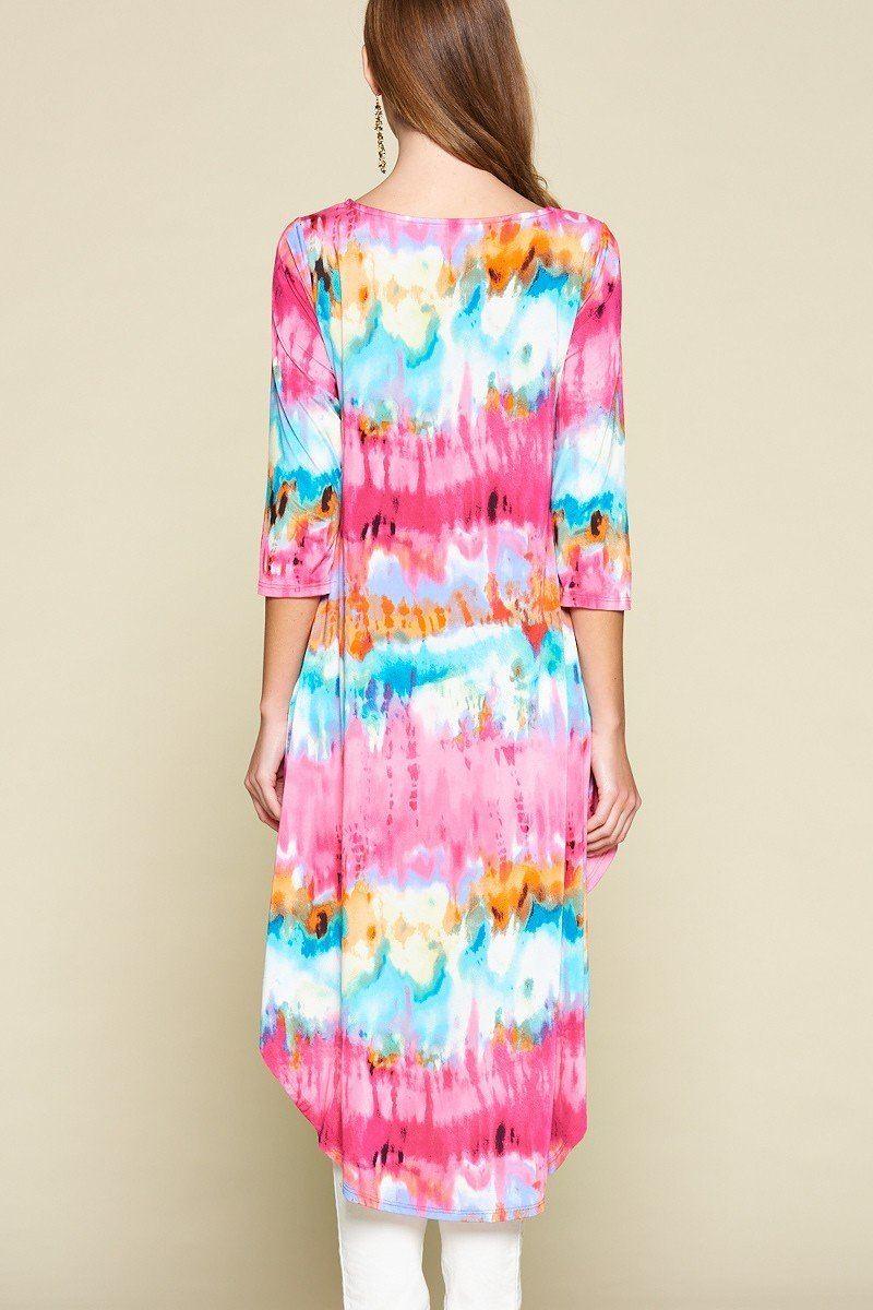 Tie-dye Venechia High Low Fashion Top With 3/4 Sleeves | Mixtshop LLC