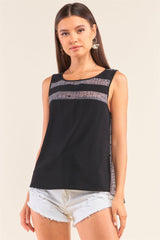 Grey And Black Sleeveless Relaxed Fit Brick Pattern Print Mesh Round Neck Top | Mixtshop LLC