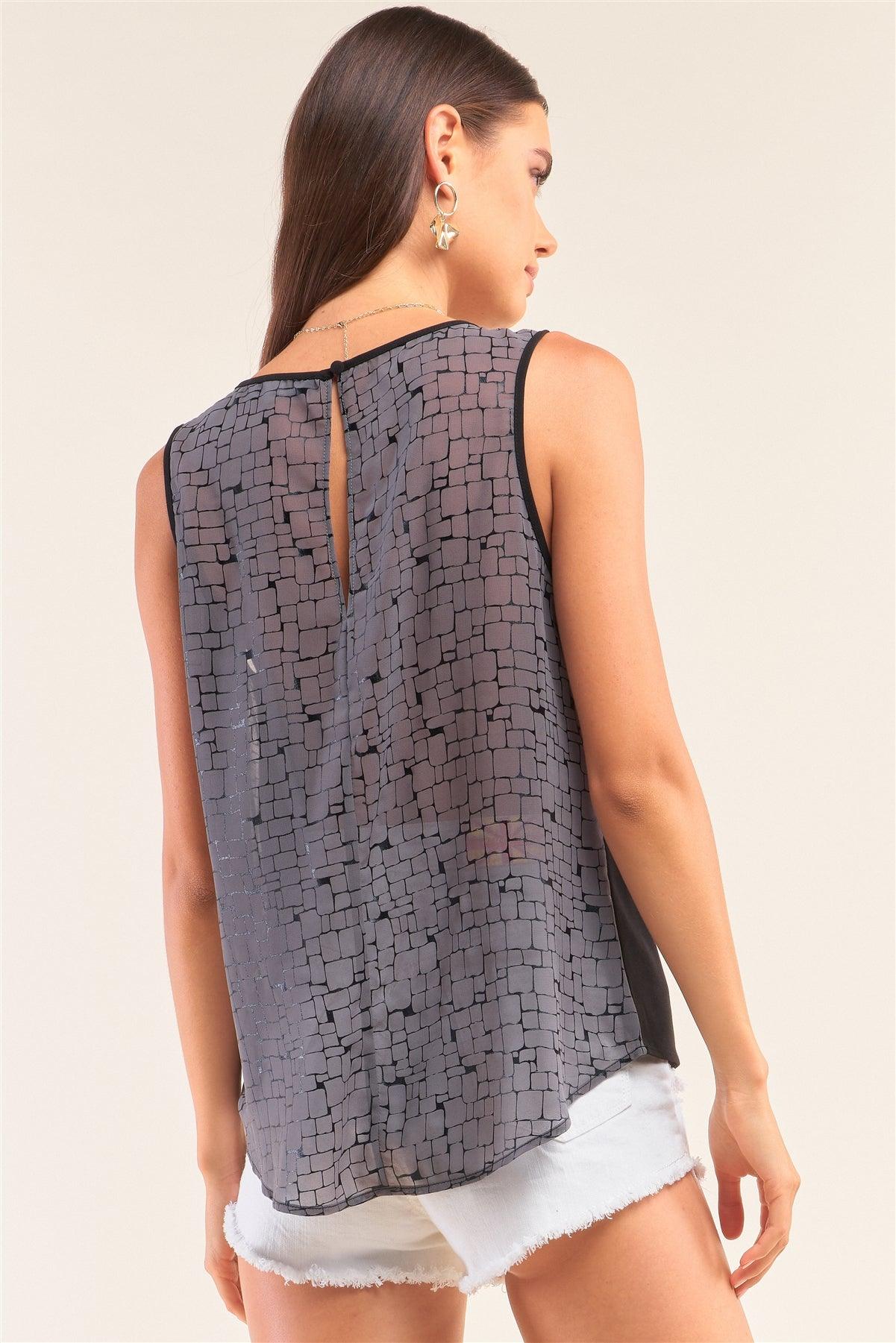 Grey And Black Sleeveless Relaxed Fit Brick Pattern Print Mesh Round Neck Top | Mixtshop LLC