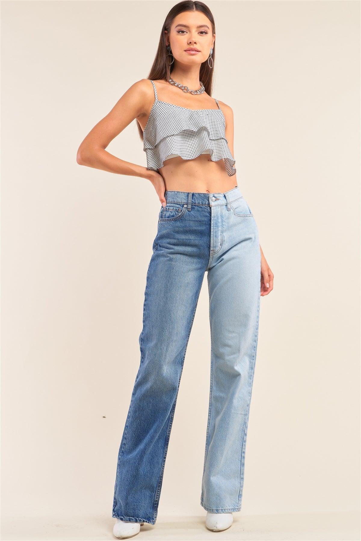 White And Navy Sleeveless Polka Square Layered Smock Back Cropped Top | Mixtshop LLC