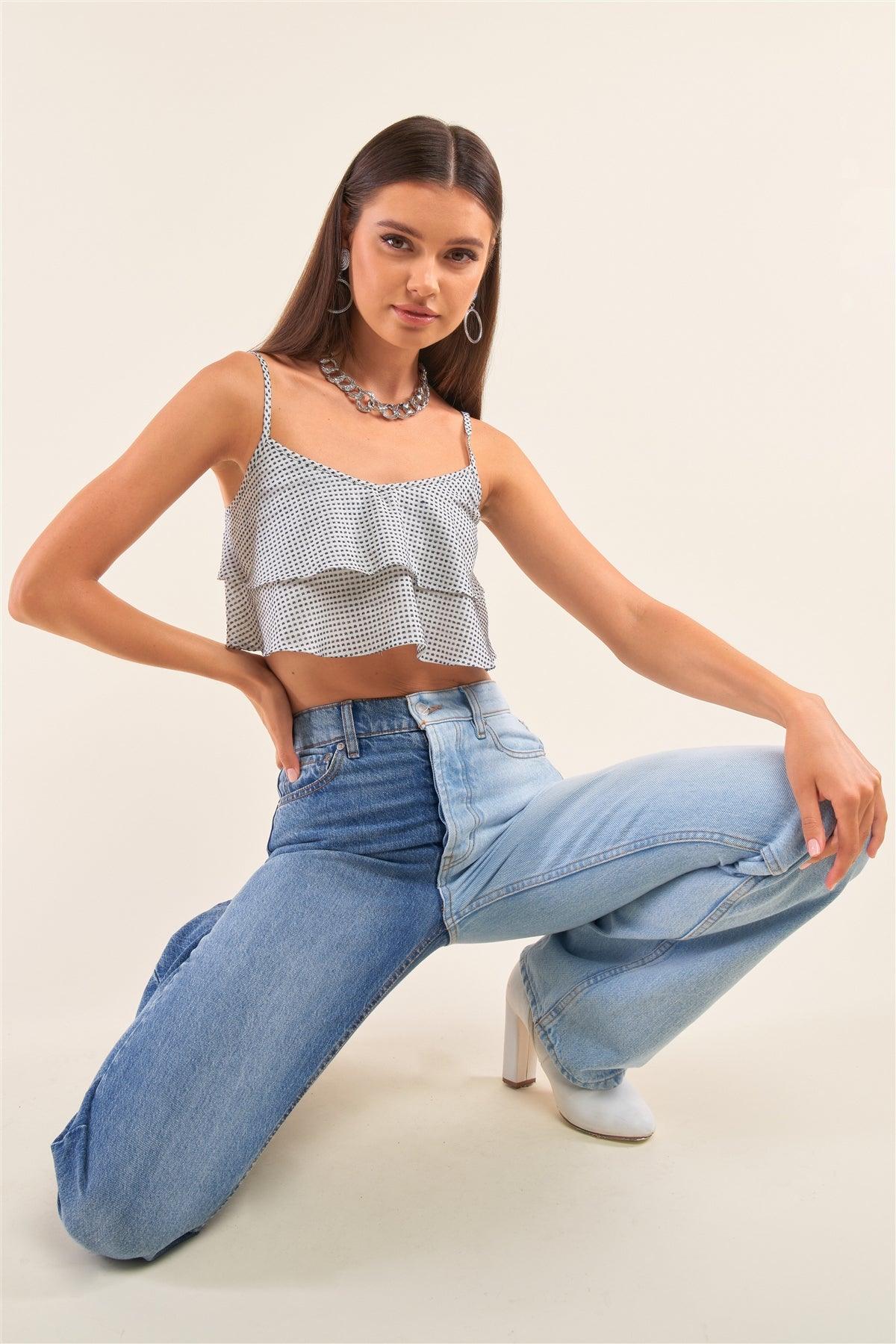 White And Navy Sleeveless Polka Square Layered Smock Back Cropped Top | Mixtshop LLC