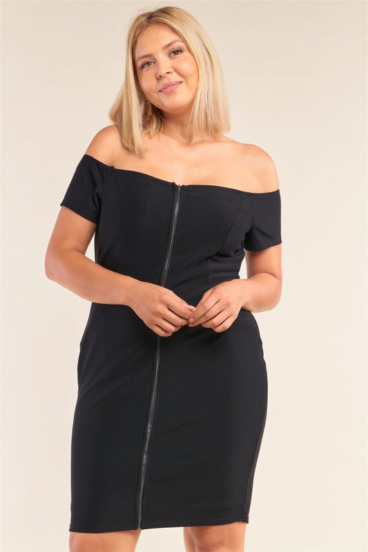 Plus Size Fitted Off-the-shoulder Front Zipper Bodycon Mini Dress | Mixtshop LLC