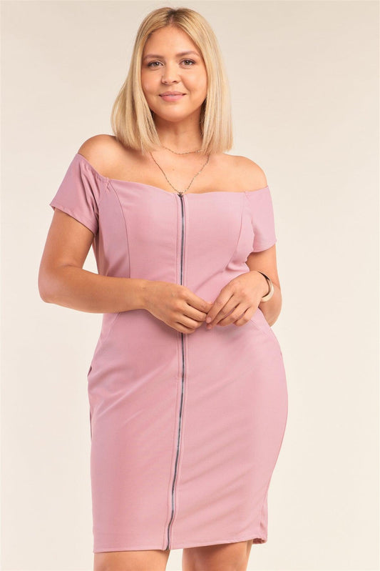 Plus Size Fitted Off-the-shoulder Front Zipper Bodycon Mini Dress | Mixtshop LLC