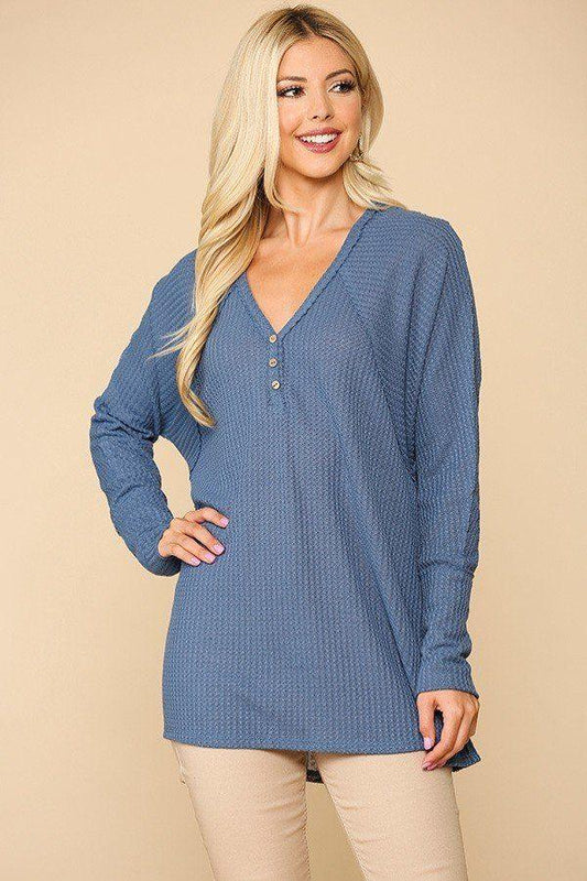 Waffle Knit And Woven Print Mixed Hi Low Flowy Tunic Top | Mixtshop LLC
