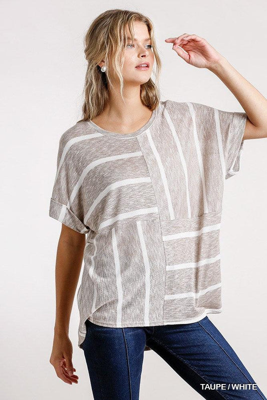 Horizontal And Vertical Striped Short Folded Sleeve Top With High Low Hem | Mixtshop LLC