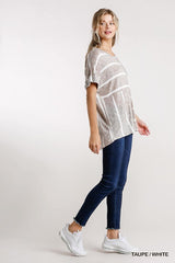 Horizontal And Vertical Striped Short Folded Sleeve Top With High Low Hem | Mixtshop LLC
