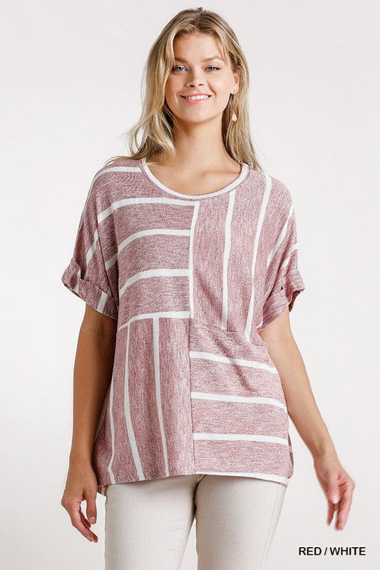 Horizontal And Vertical Striped Short Folded Sleeve Top With High Low Hem | Mixtshop LLC