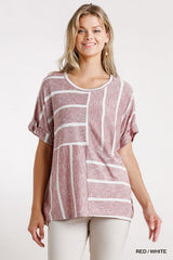 Horizontal And Vertical Striped Short Folded Sleeve Top With High Low Hem | Mixtshop LLC