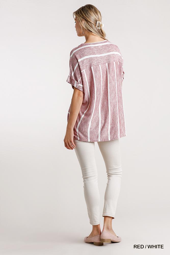 Horizontal And Vertical Striped Short Folded Sleeve Top With High Low Hem | Mixtshop LLC