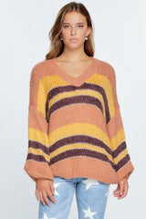 V-neck Cozy Thick Knit Stripe Pullover Sweater | Mixtshop LLC