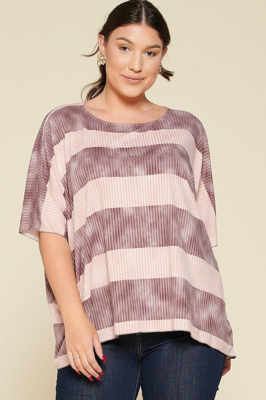 Stripe Printed Pleated Blouse Featuring A Boat Neckline And 1/2 Sleeves | Mixtshop LLC