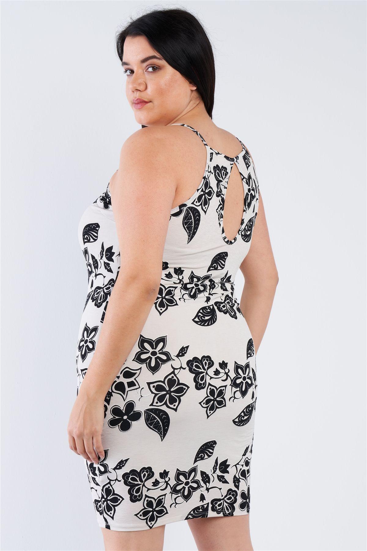 Plus Size Ivory Black Floral Basic Dress | Mixtshop LLC
