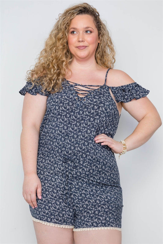 Plus Size Navy Floral Print Lace Up Romper | Mixtshop LLC