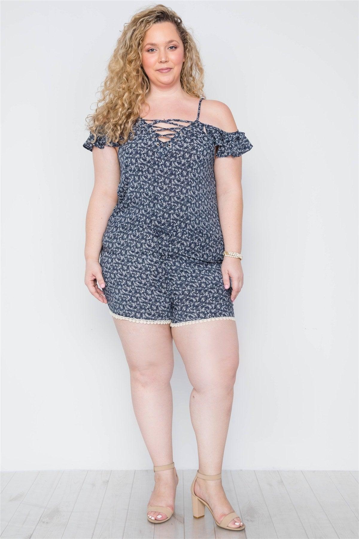 Plus Size Navy Floral Print Lace Up Romper | Mixtshop LLC