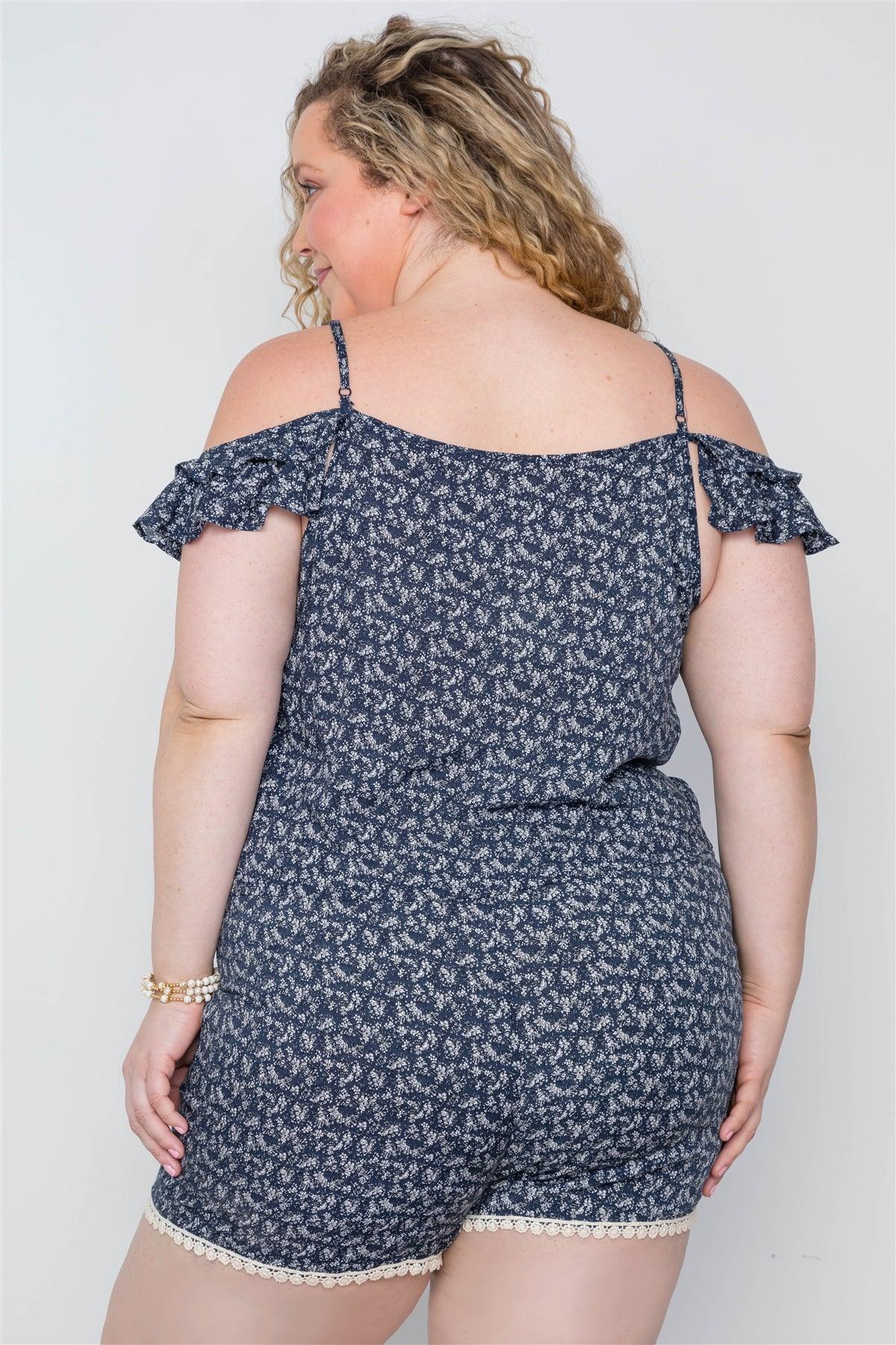 Plus Size Navy Floral Print Lace Up Romper | Mixtshop LLC