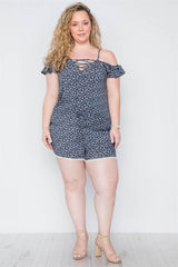Plus Size Navy Floral Print Lace Up Romper | Mixtshop LLC