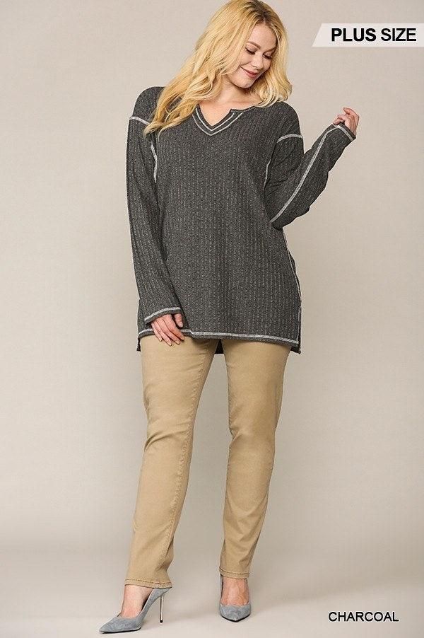Two-tone Ribbed Tunic Top With Side Slits | Mixtshop LLC