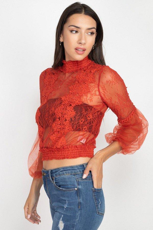 Lace Trim Balloon Sleeve Smocked Top | Mixtshop LLC