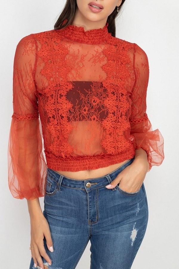 Lace Trim Balloon Sleeve Smocked Top | Mixtshop LLC