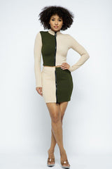Rib Color Block Mock Neck Long Sleeve High-waist Mini Skirt With Front Zipper Set | Mixtshop LLC