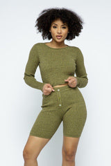 Knit Long Sleeve Cropped Top Knit High-waist Biker Shorts Set | Mixtshop LLC
