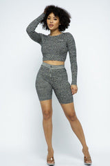 Knit Long Sleeve Cropped Top Knit High-waist Biker Shorts Set | Mixtshop LLC