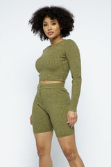 Knit Long Sleeve Cropped Top Knit High-waist Biker Shorts Set | Mixtshop LLC