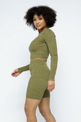 Knit Long Sleeve Cropped Top Knit High-waist Biker Shorts Set | Mixtshop LLC