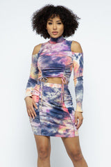 Tie Dye Open Shoulder Long Sleeve Top And Matching Skirt W Ruching Details | Mixtshop LLC
