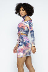 Tie Dye Open Shoulder Long Sleeve Top And Matching Skirt W Ruching Details | Mixtshop LLC