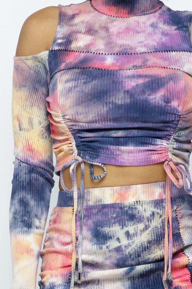Tie Dye Open Shoulder Long Sleeve Top And Matching Skirt W Ruching Details | Mixtshop LLC
