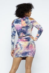 Tie Dye Open Shoulder Long Sleeve Top And Matching Skirt W Ruching Details | Mixtshop LLC