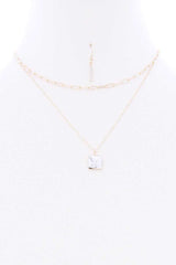 2 Layered Chain Metal Square Marbling Stone Pendant Necklace | Mixtshop LLC