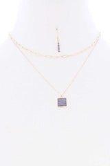2 Layered Chain Metal Square Marbling Stone Pendant Necklace | Mixtshop LLC