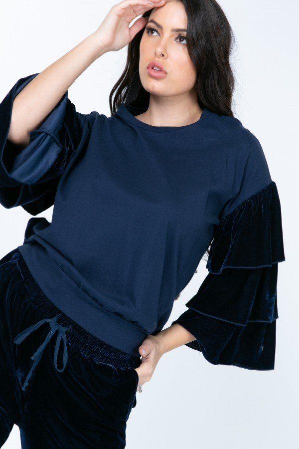 Tiered Velvet Ruffle Sleeve Pullover Crewneck Top | Mixtshop LLC