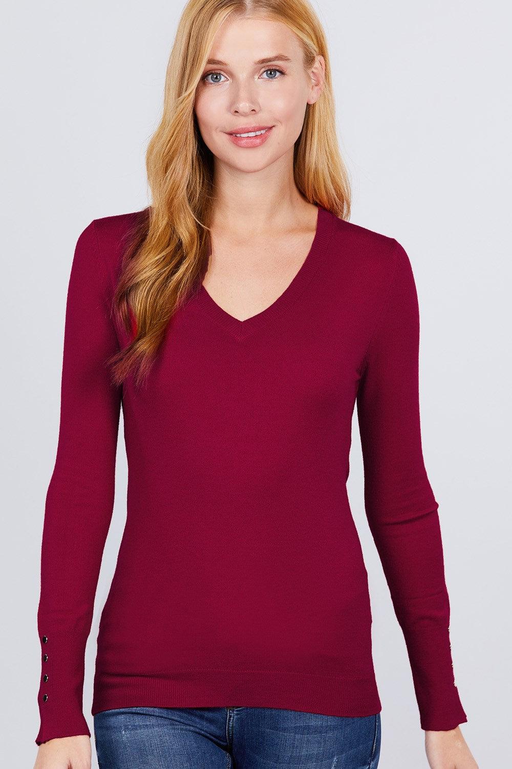 V-neck Sweater W/rivet Button | Mixtshop LLC