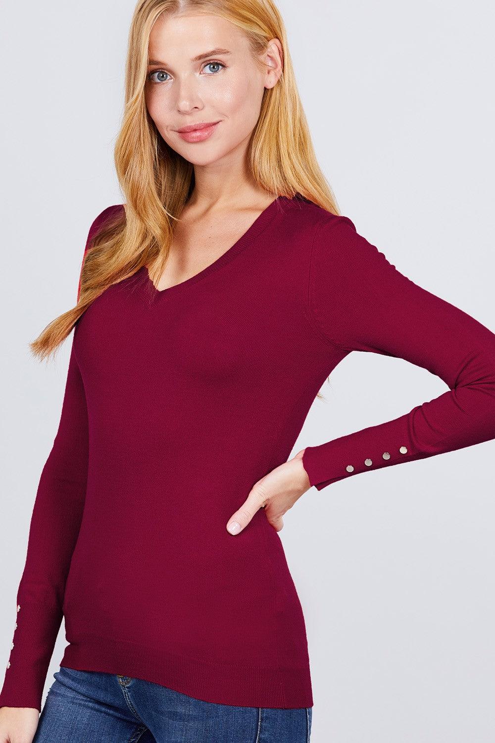 V-neck Sweater W/rivet Button | Mixtshop LLC
