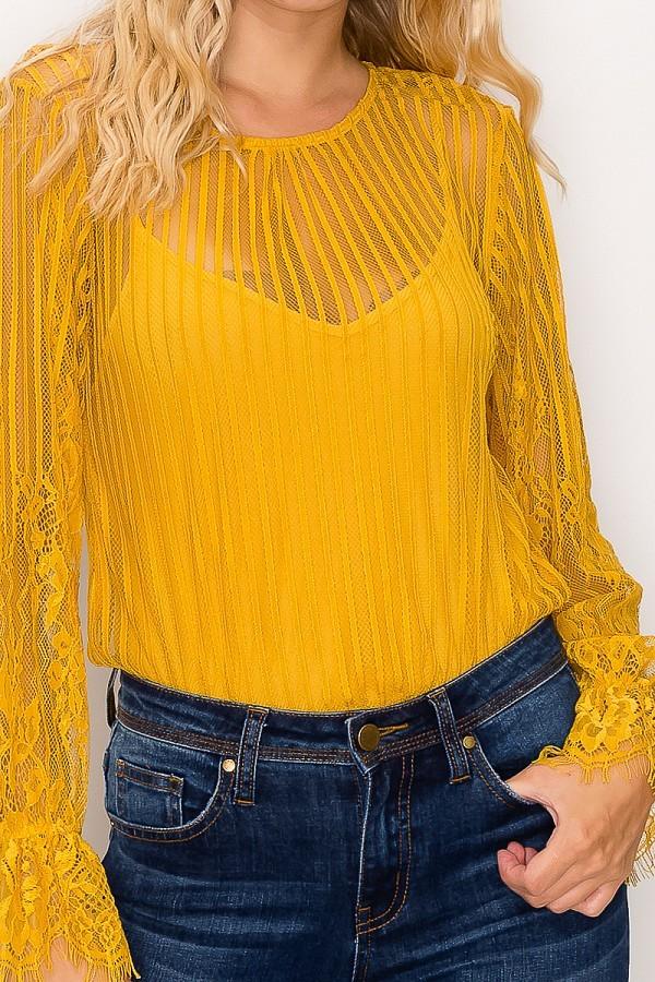 Lace Trim Shadow Stripe Bodysuit | Mixtshop LLC