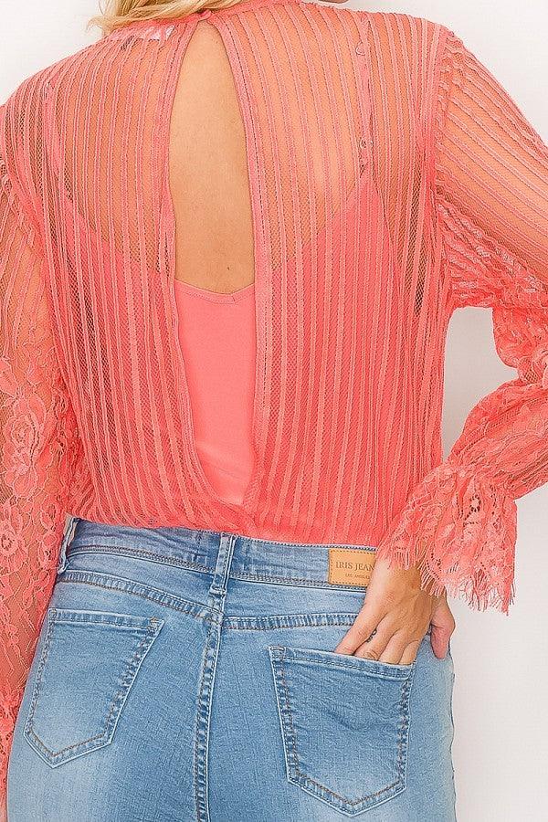 Lace Trim Shadow Stripe Bodysuit | Mixtshop LLC