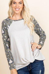 Casual French Terry Side Twist Top With Animal Print Long Sleeves | Mixtshop LLC