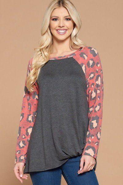 Casual French Terry Side Twist Top With Animal Print Long Sleeves | Mixtshop LLC