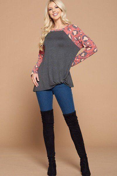 Casual French Terry Side Twist Top With Animal Print Long Sleeves | Mixtshop LLC