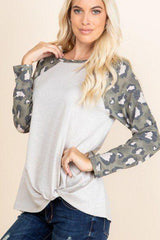 Casual French Terry Side Twist Top With Animal Print Long Sleeves | Mixtshop LLC