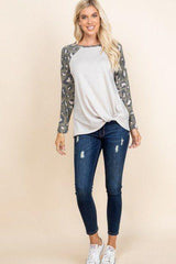Casual French Terry Side Twist Top With Animal Print Long Sleeves | Mixtshop LLC