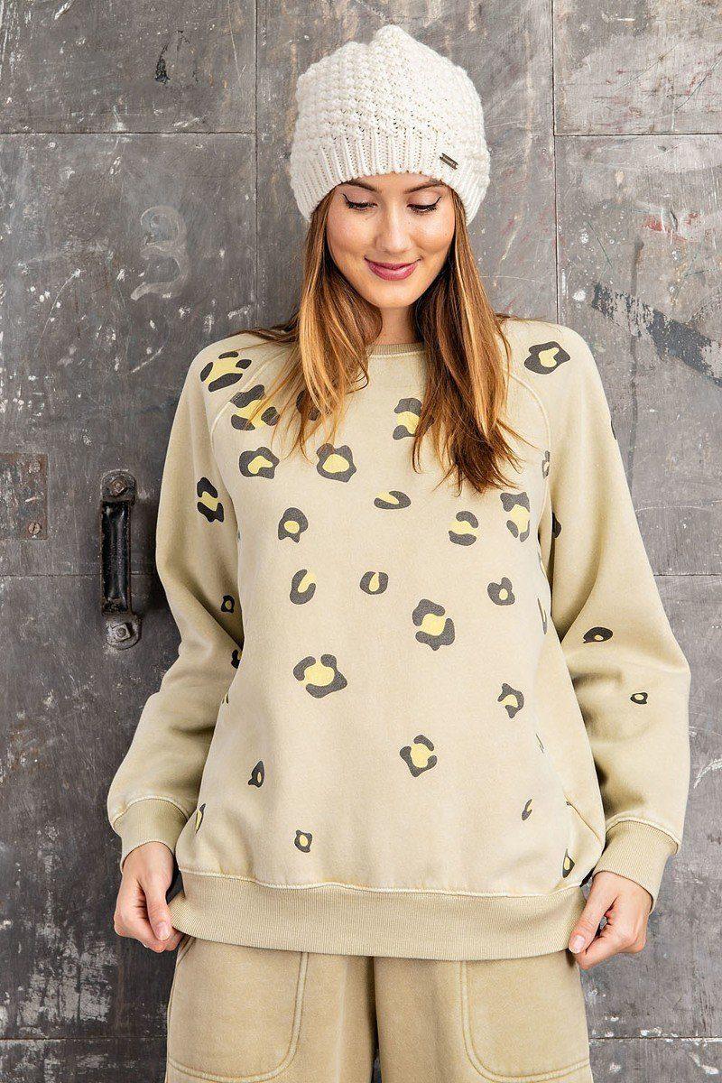 Long Sleeve Leopard Print Washed Terry Sweatshirt | Mixtshop LLC