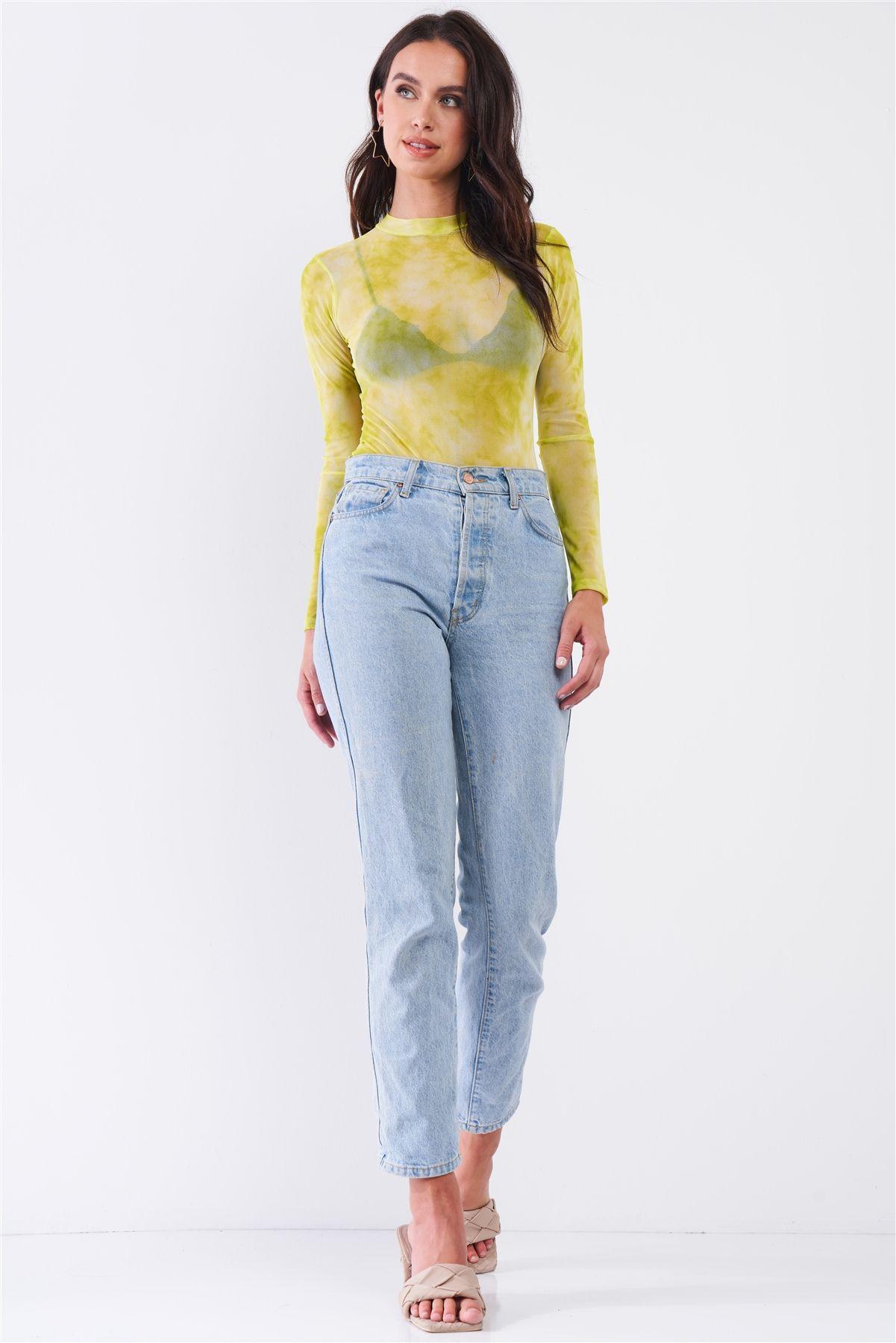 Neon Green Sexy Sheer Mesh Long Sleeve Mock Neck Bodysuit | Mixtshop LLC