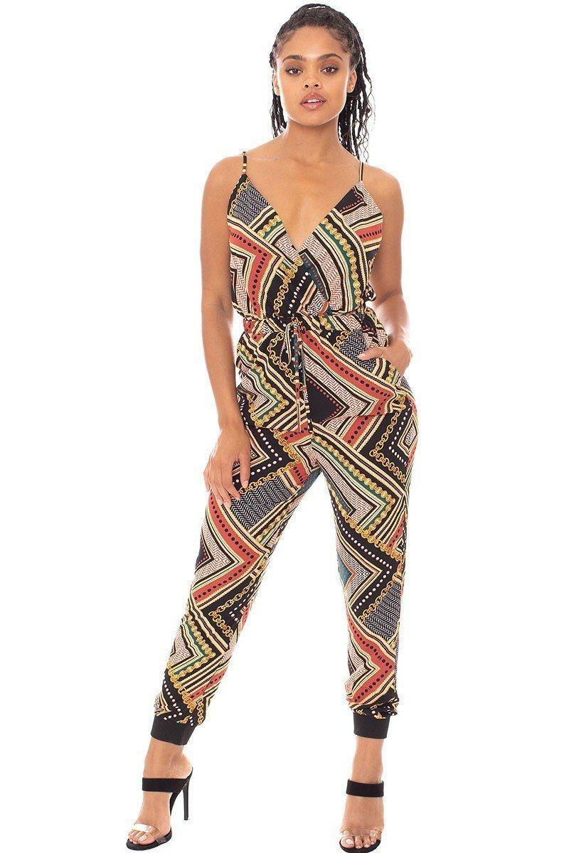 Boarder Print Wrap Drawstring Waist Jumpsuit | Mixtshop LLC